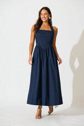 Navy Cotton Halter Maxi Dress